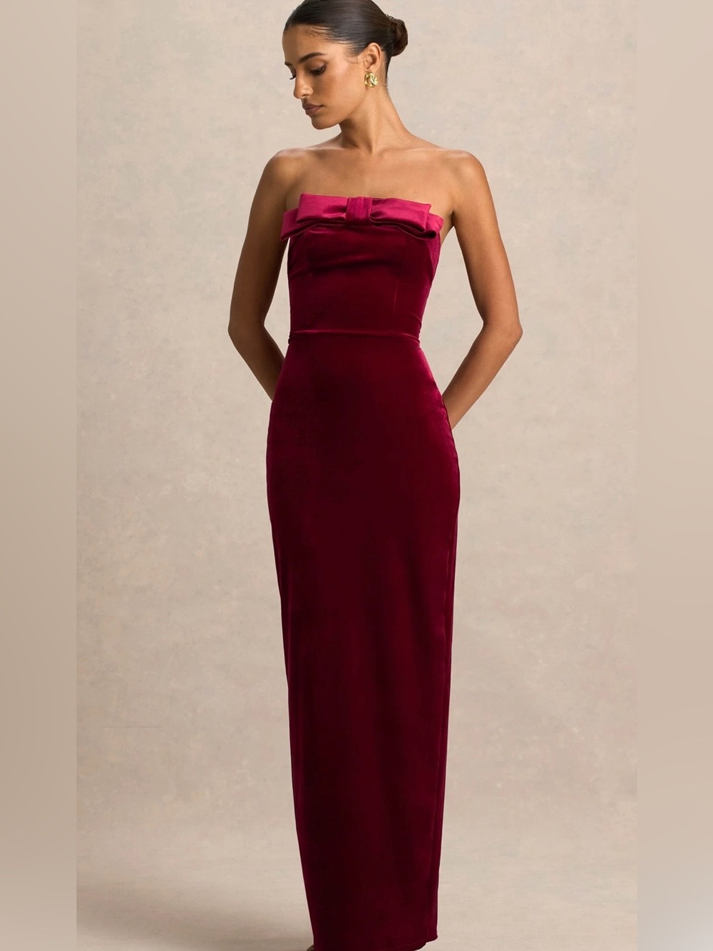 Club L London Burgundy Velvet Bandeau Maxi with Bow Detail